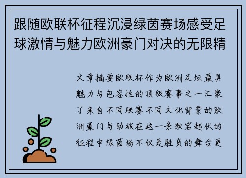 跟随欧联杯征程沉浸绿茵赛场感受足球激情与魅力欧洲豪门对决的无限精彩